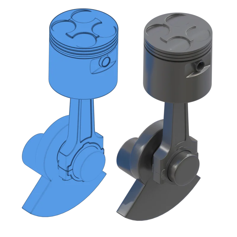 Zwei identische 3D-Modelle eines Kolbens mit Pleuel: links als CAD-Ansicht in Blau mit Konstruktionskanten, rechts als fertig gerendertes Metallteil